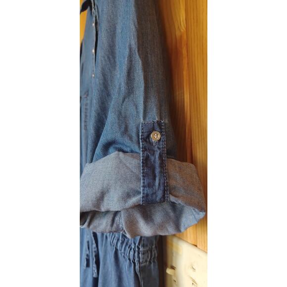 Vintage Chambray Midi Dress Women's Large Roll Tab Sleeves Drawstring Drop Waist - Picture 3 of 8